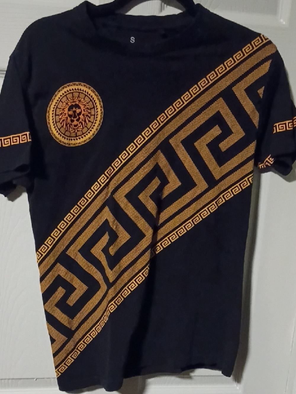 Black Tee with Gold Greek Key & Lion Medallion